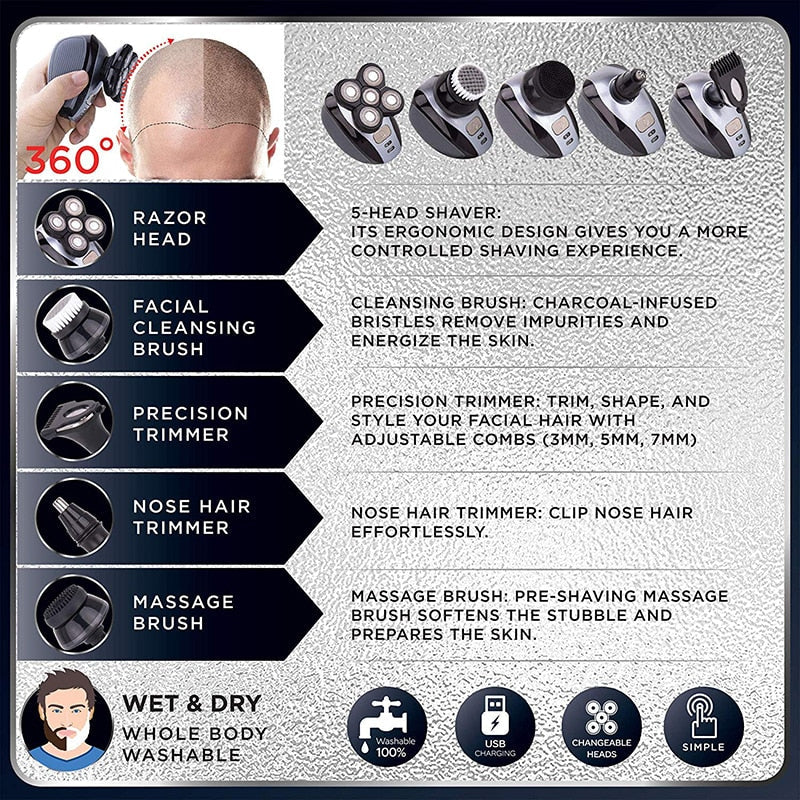 IPX7 High Quality 5 in 1 Men's Electric Shaver Waterproof USB Rechargeable Shaver Hair Trimmer Beard Trimmer Wet & Dry Razor