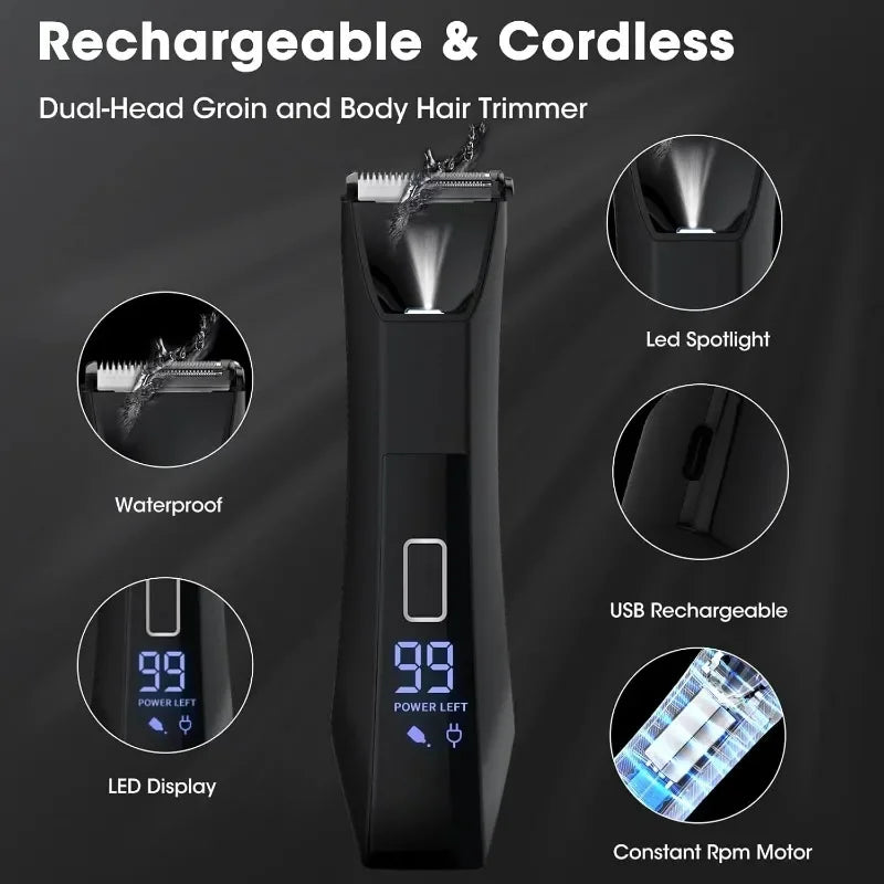 Body & Groin Hair Trimmer for Men Waterproof Dual-Head Ceramic Blade Trimmer & Foil Blades Wet & Dry Men’s Ball Shavers