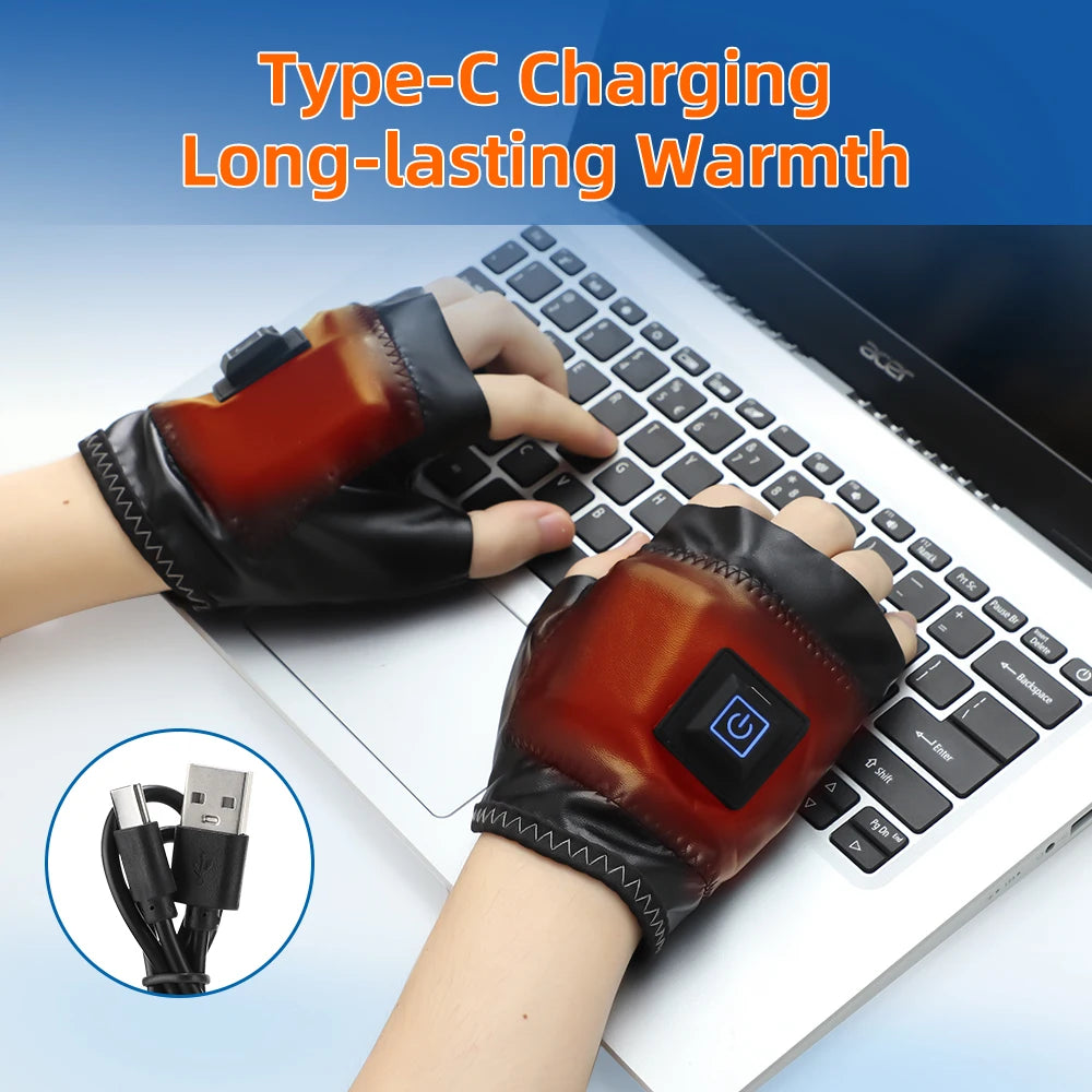 Smart Wireless Heating Leather Gloves Winter Thermal Fingerless Glove Hand Keep Warm