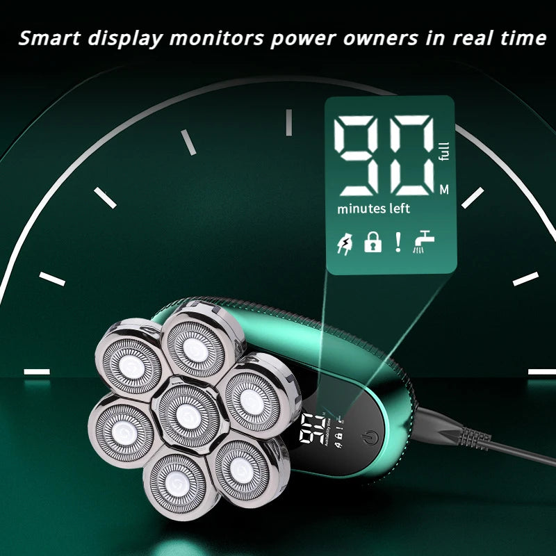 6 in 1 Electric Head Shaver for Bald Men 7D Floating Cutter Beard Trimmer Clipper Shaving USB Wireless Charging