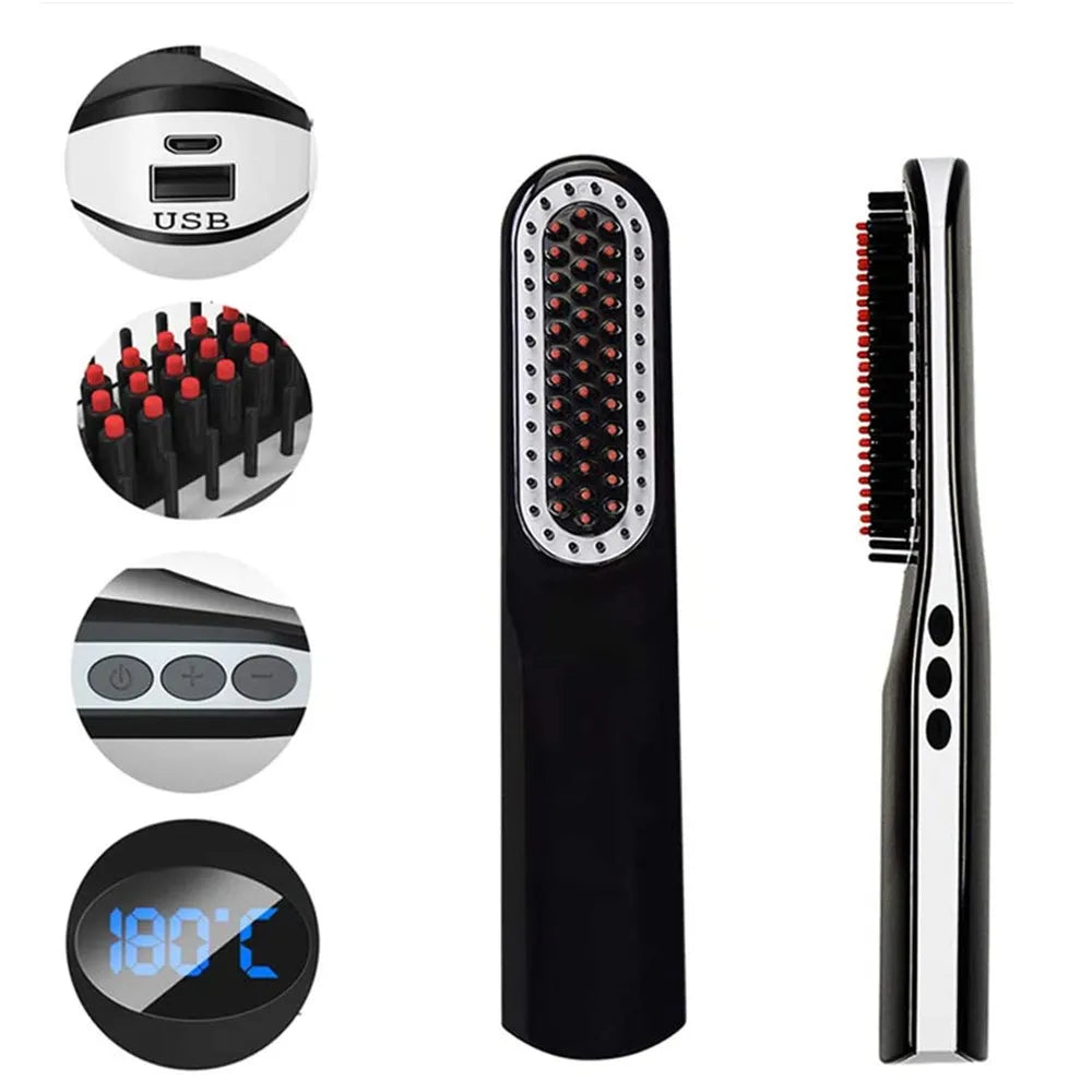 Multifunctional Mini Hair Comb Wireless  for Men & Women Fast Heated Brush Hot Electric Comb Beard Straightener Hair Curler