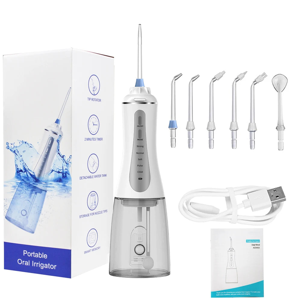 Portable Oral Irrigator 5 Modes Rechargeable Dental Water Jet 6 Nozzles Waterproof 350ML Tank Water Flosser For Teeth Whitening