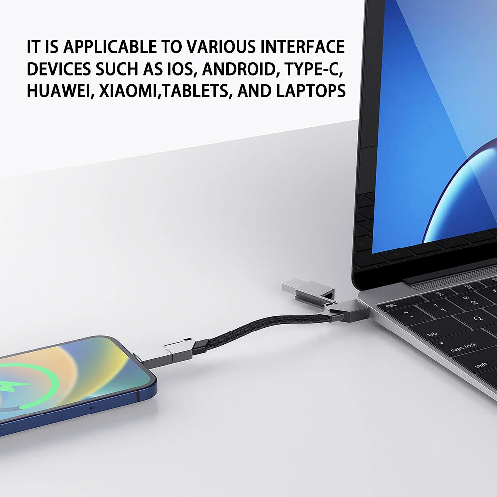 Zinc Alloy 4-in-1 Portable Keychain Charging Cable 60W PD Fast Charge Data Cable Adapter for iPhone TypeC Android