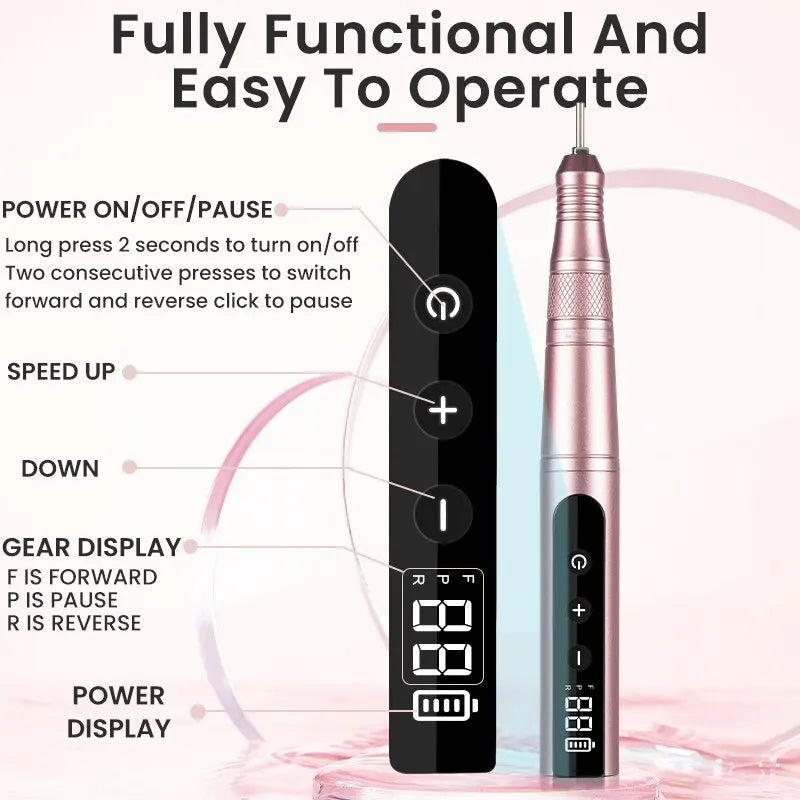 35000RPM Nail Drill Professional Rechargeable Cordless Electric File Portable LED Screen Kit