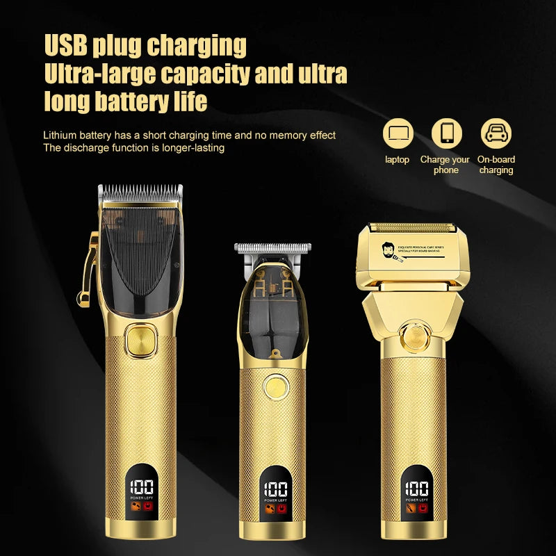 Rechargeable Professional Barber Shop Salon Hair Cutting Machine Clippers Trimmer Foil Shaver Gold Black 3 Pieces Set