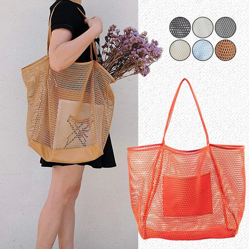 Spring Summer Solid Color Hollow Mesh Tote Bag Large Capacity Travel Shoulder Tote Bag Daily Beach Swimming Gym Shopping Bag
