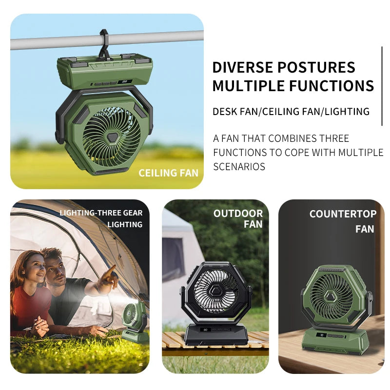 6000mAh Camping Fan Rechargeable Outdoor Fan Ceiling Oscillating Fan Portable Air Conditioner Air Cooler with Lighting