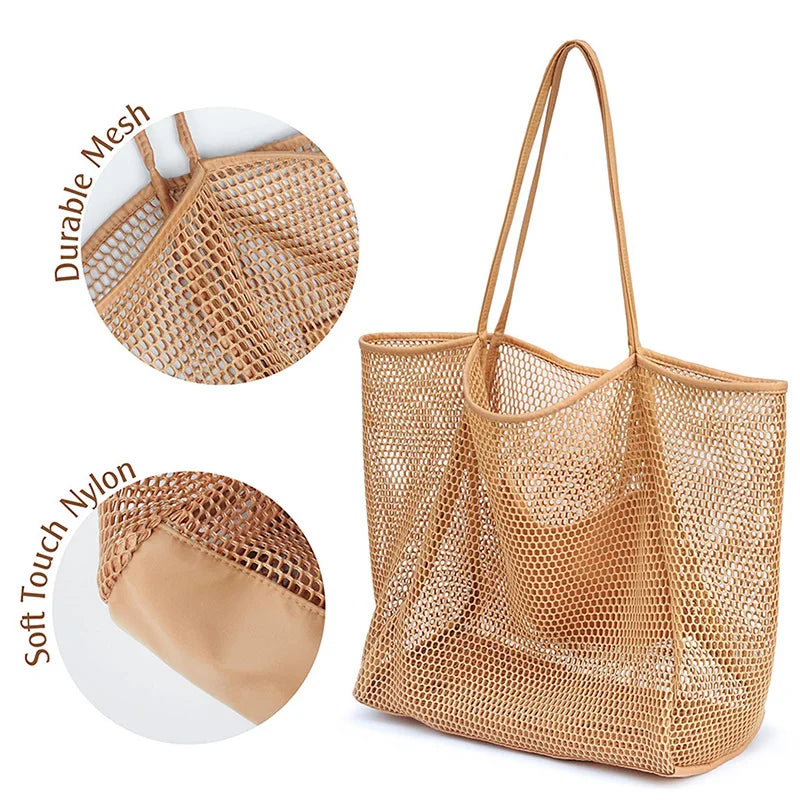 Spring Summer Solid Color Hollow Mesh Tote Bag Large Capacity Travel Shoulder Tote Bag Daily Beach Swimming Gym Shopping Bag