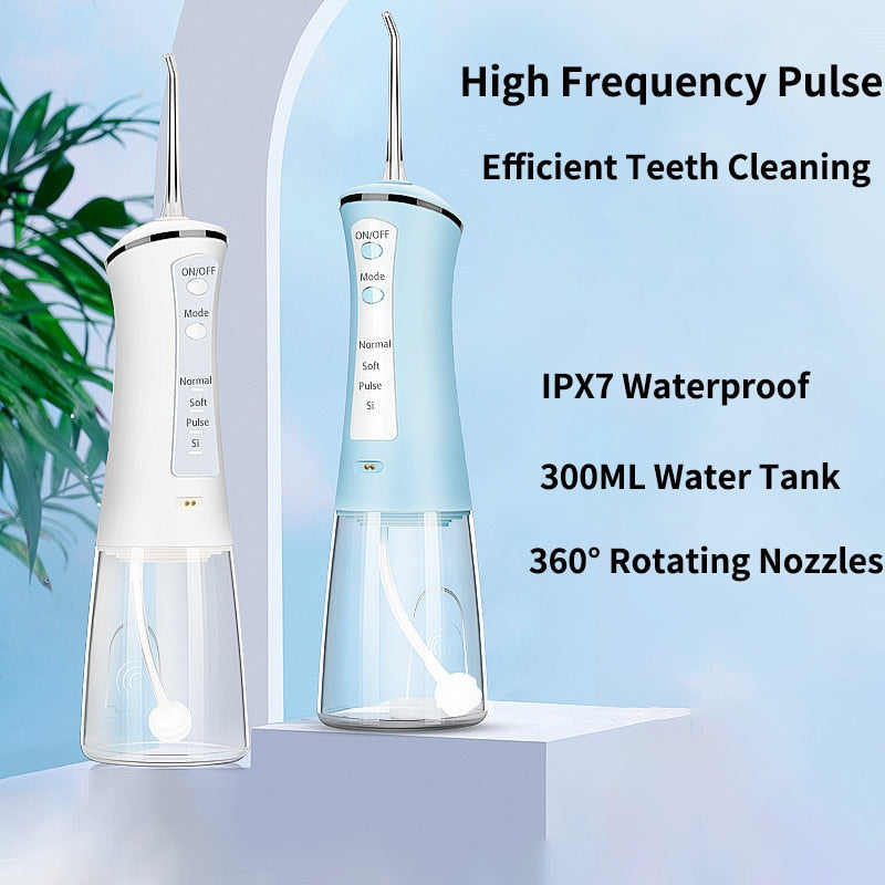 300ml Portable Oral Irrigator USB Rechargeable Dental Water Flosser 4Modes Water Jet Floss IPX7 Waterproof Teeth Cleaner 4Nozzle