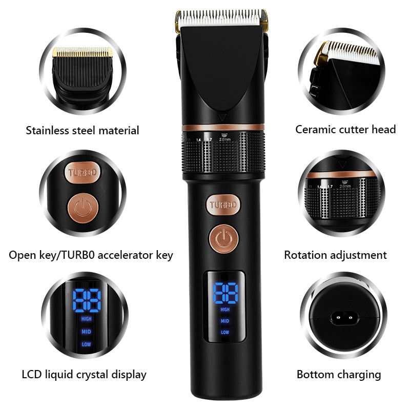 Electric Hair Clipper Rechargeable Hair Trimmer Titanium Ceramic Blade Salon For Men Hair Cutting Barber Machine LCD Display