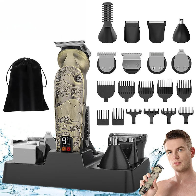 Professional IPX6 Waterproof Hair Trimmer Set 1200mAh Battery Men Rechargeable Cordless 8 in 1 Beard Hair Clipper