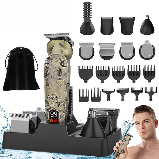 Professional IPX6 Waterproof Hair Trimmer Set 1200mAh Battery Men Rechargeable Cordless 8 in 1 Beard Hair Clipper