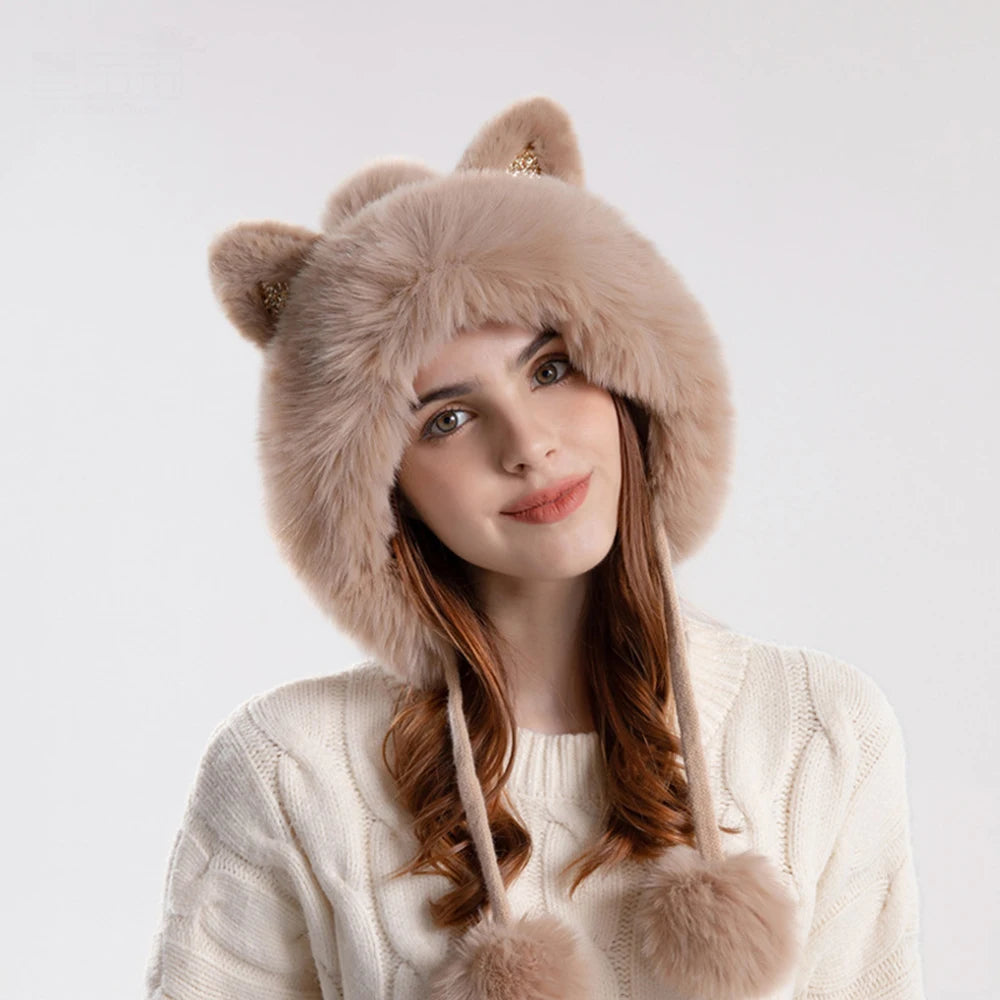 Cute Cat Ears Winter Hat Add Fluff Lined Windproof Warm Beanies With Hairballs Outdoor Ear Protection Luxury Hats For Women