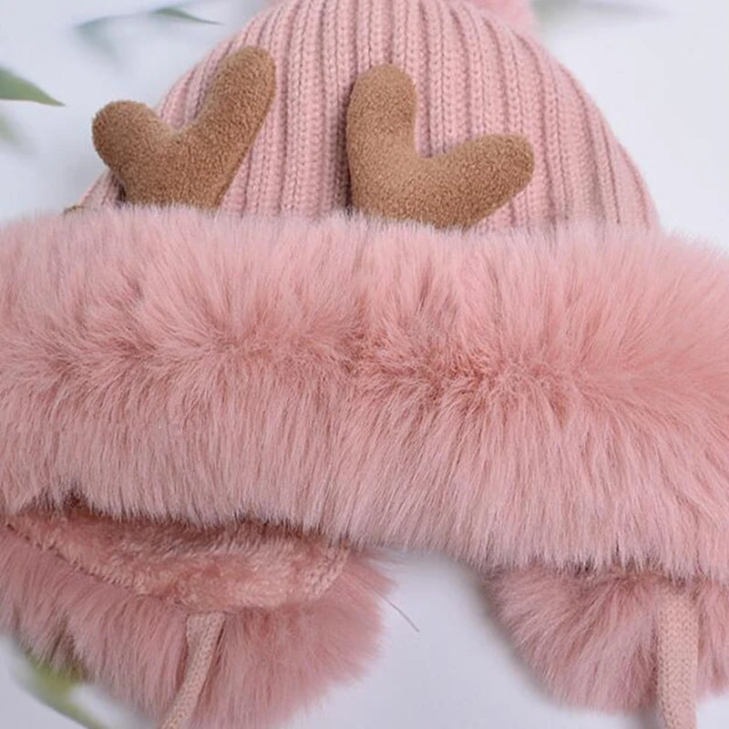 Christmas Deer Horn Knitted Hat Women Winter Outdoor Skiing Cold Proof Plush Ear Protection Woolen Hat