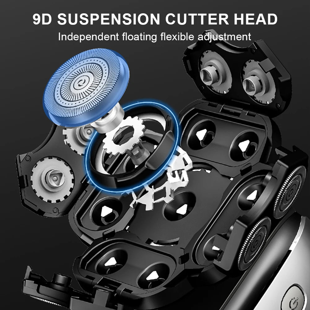 6In1 Men's Bald Head Electric Shaver 9 Blades Floating Heads Beard Nose Ear Hair Trimmer Clipper Facial Brush Rechargeable Razor