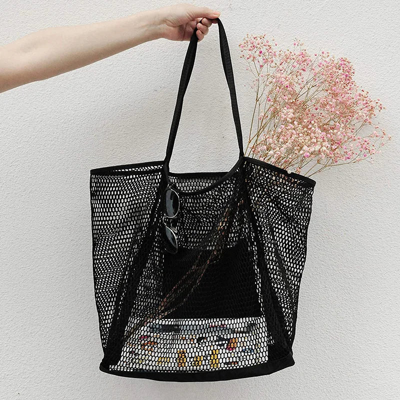 Spring Summer Solid Color Hollow Mesh Tote Bag Large Capacity Travel Shoulder Tote Bag Daily Beach Swimming Gym Shopping Bag