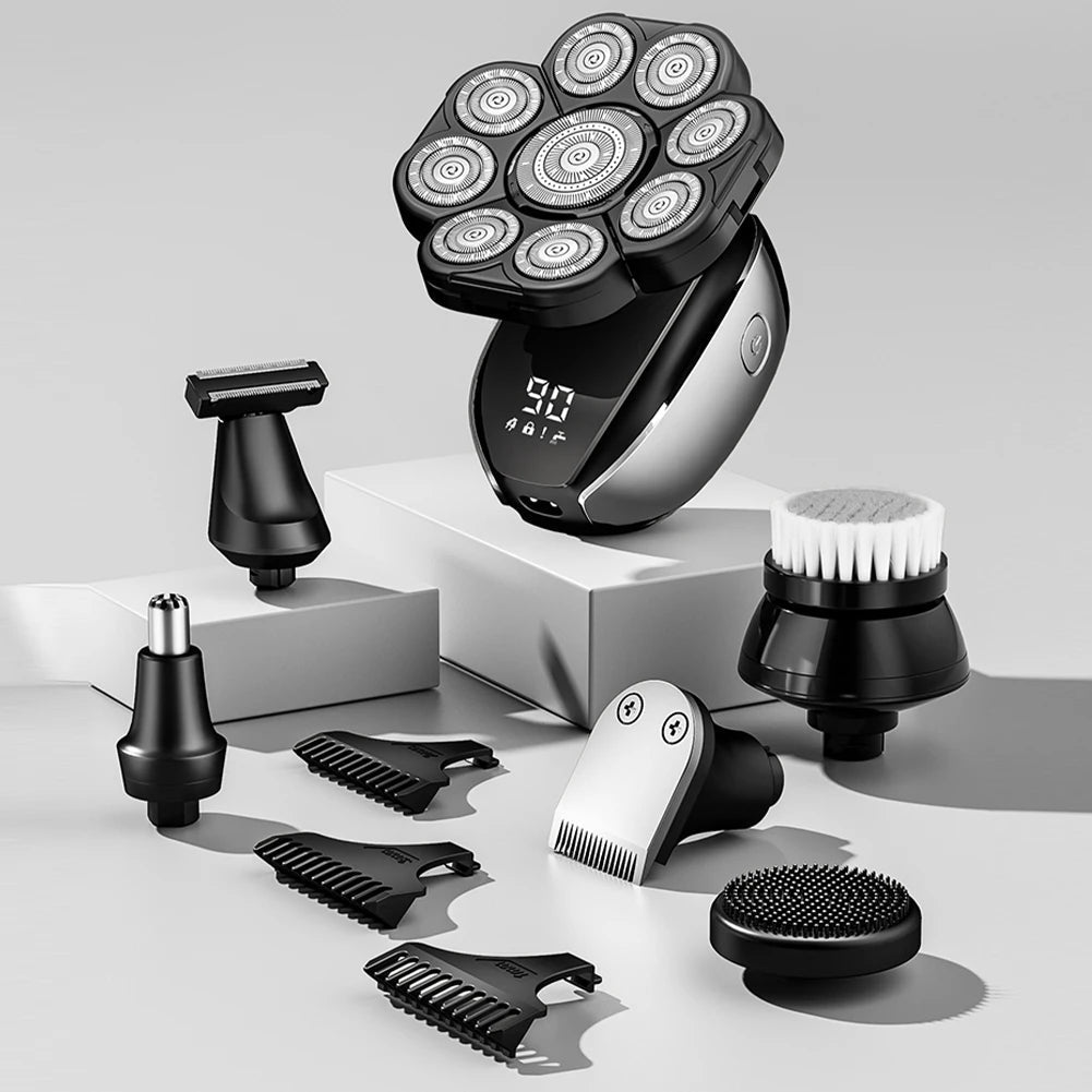 6In1 Men's Bald Head Electric Shaver 9 Blades Floating Heads Beard Nose Ear Hair Trimmer Clipper Facial Brush Rechargeable Razor