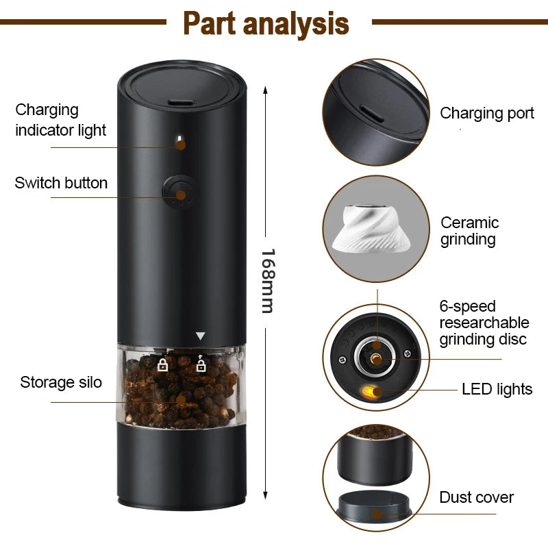 Electric Automatic Salt and Pepper Grinder USB Rechargeable Adjustable Coarseness Refillable Mill Kitchen Tools For BBQ Cooking