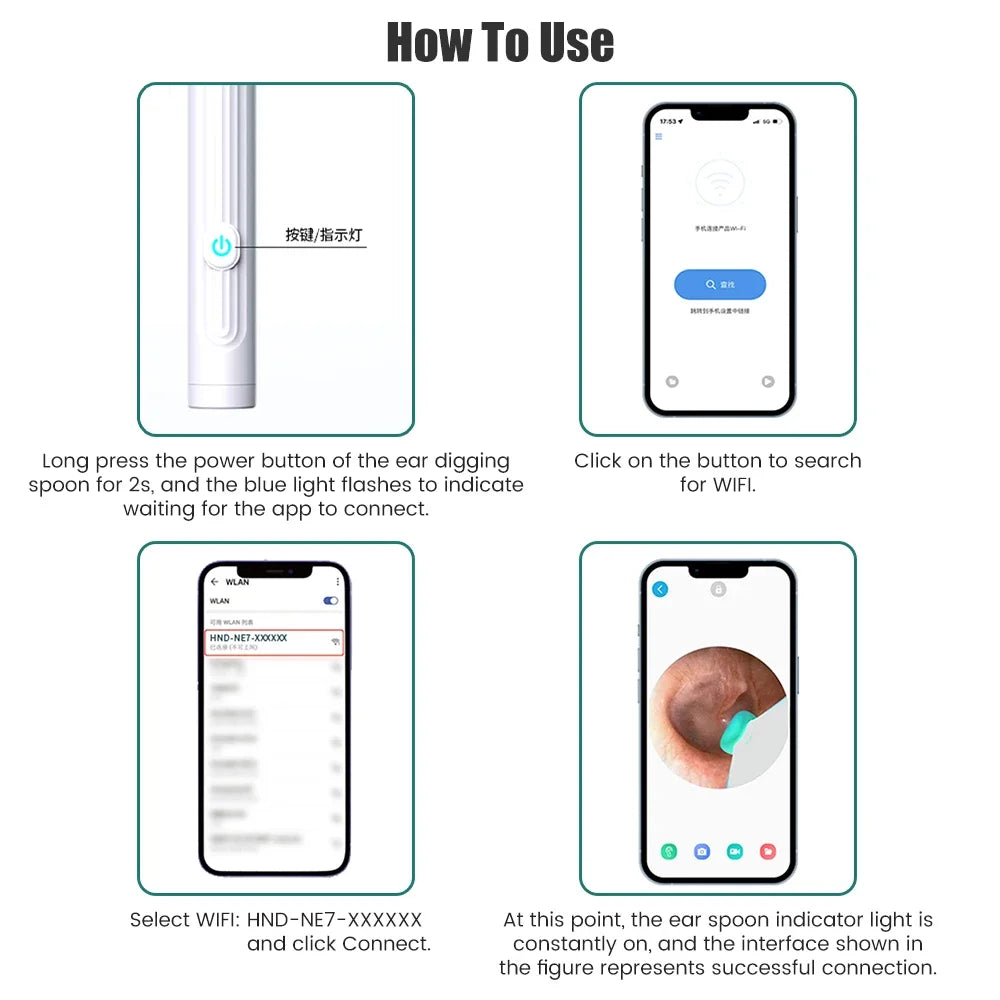 Wireless WiFi Ear Pick Otoscope Camera Borescope Luminous Ear Wax Cleaning Teeth Oral Endoscope Inspection Ear Cleaner Removal