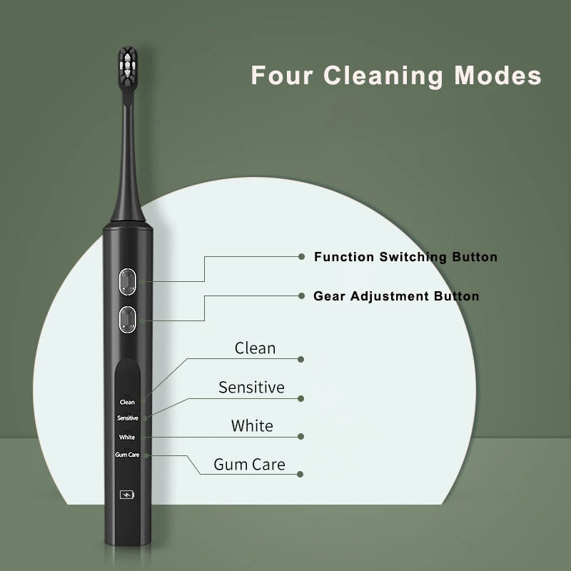 Electric Sonic Toothbrush Inductive Charging for Adults 4-gear Mode Ultrasonic Electronic Tooth Brushes 2 Replace Head Gift IPX7