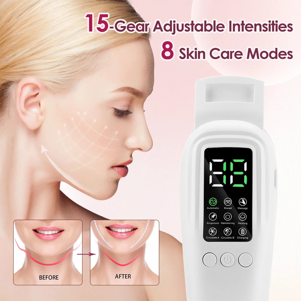 15 Gears EMS Face Lifting Machine Microcurrent Double Chin Remover Facial Massager Slimming Firming V-Face Lift Device