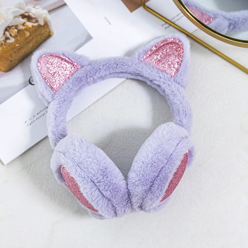 Cute Glitter Cat Ear Earmuff Soft Plush Warmer Winter Warm for Women Men Fashion Solid Earflap Outdoor Cold Protection Ear Cover