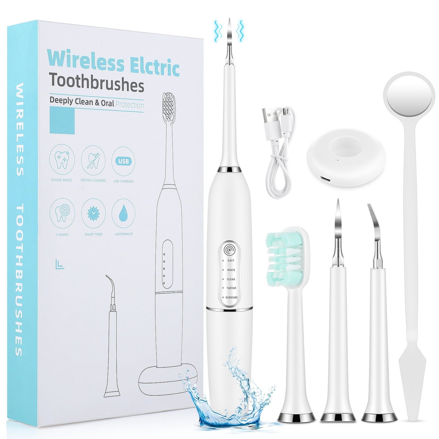 5 Mode Portable Household Electric Sonic Toothbrush Dental Scaler Calculus Tartar Stain Remover Teeth Whitening kit Tooth Whitener USB Charging Base IPX7 Waterproof with Replacement Heads for Adults