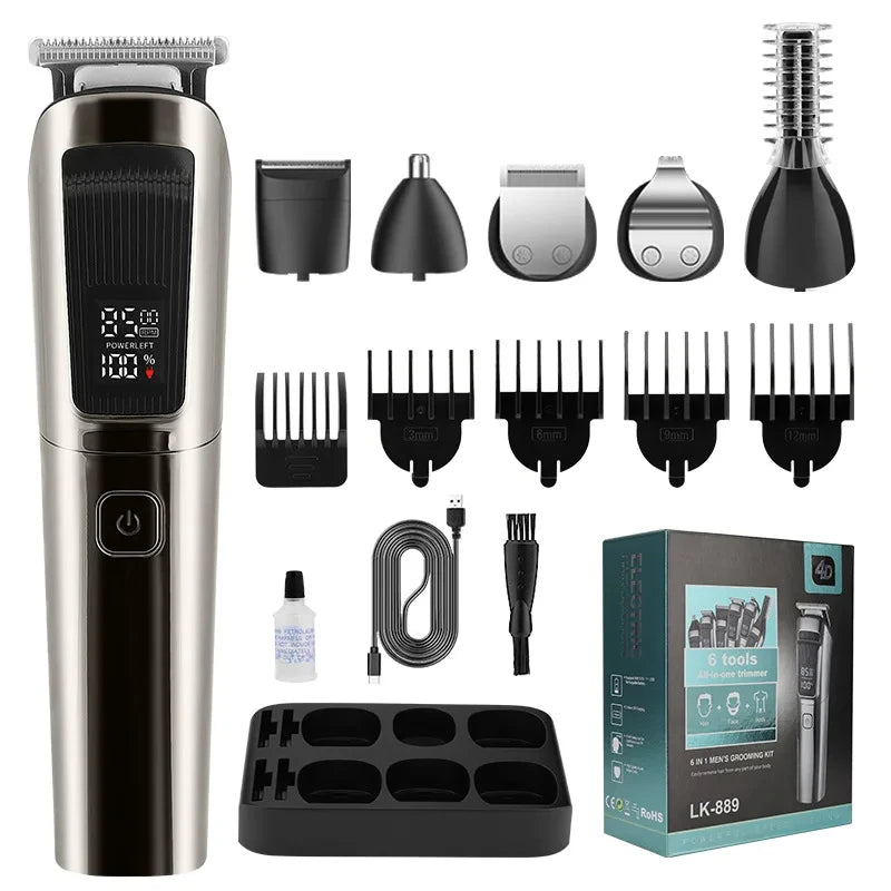Mens IPX6 Waterproof Body Electric Shaver Beard Trimmer Nose Hair Shaver 6 in 1 Grooming Kit Clipper Bald Machine