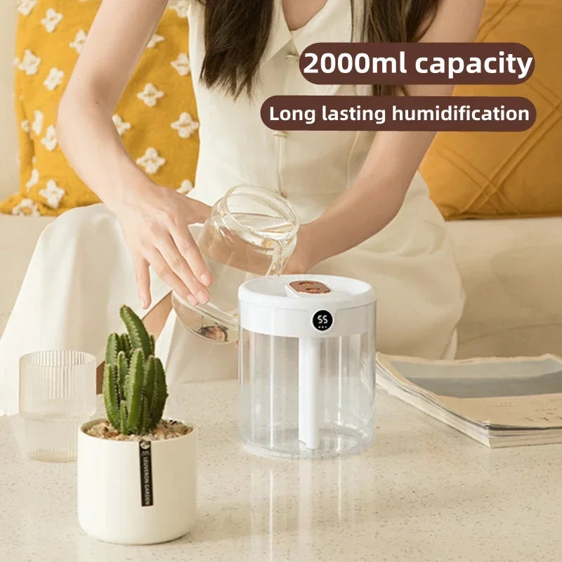 2000ML Home Air Humidifier USB Dual Spray Ultrasonic Cool Mist Aroma Essential Oil Diffuser Humidifier LED Lamp