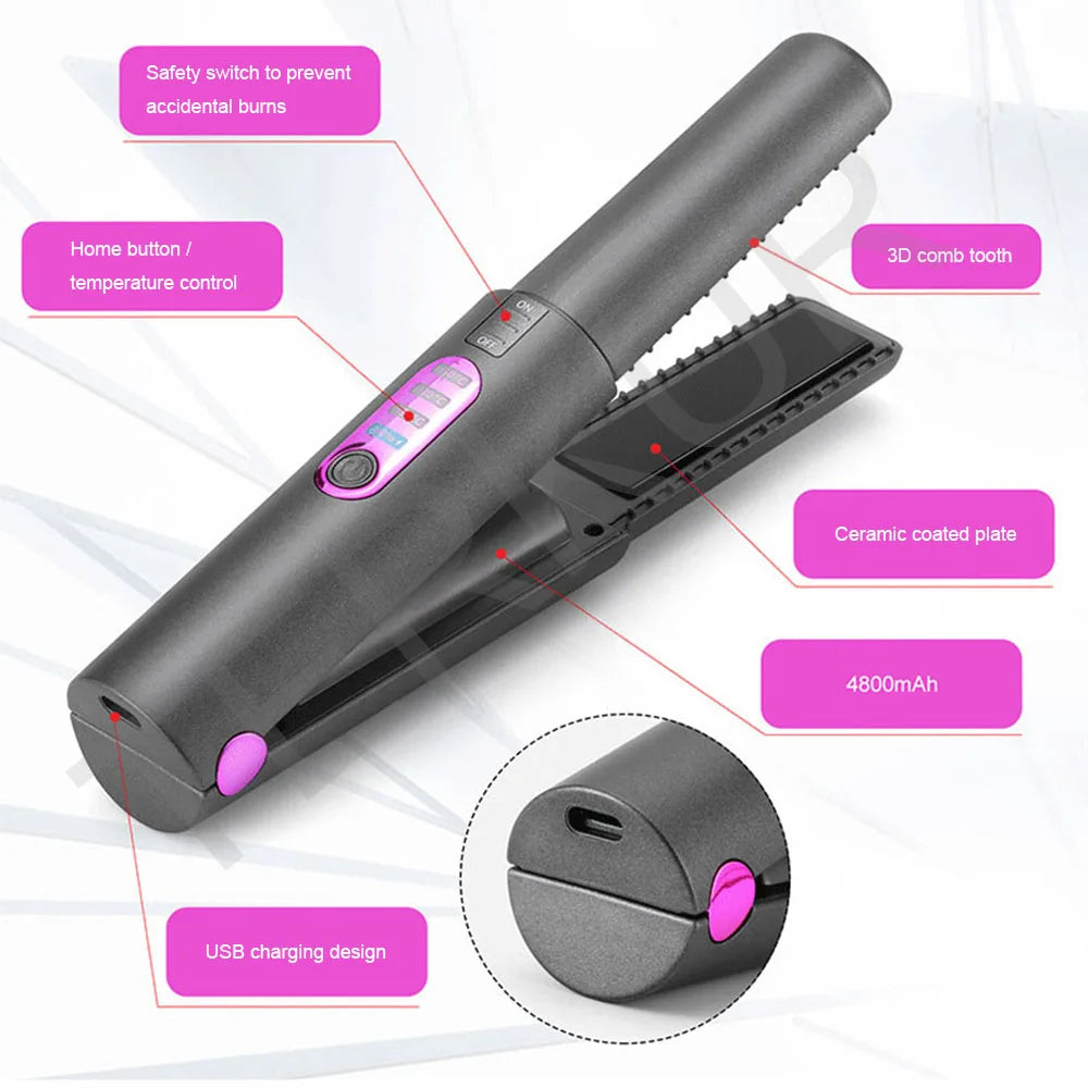 Flat Iron Mini 2 IN 1 Wireless Hair Straightener with USB Charging Roller 4800mah Portable Cordless Curler Dry and Wet Uses