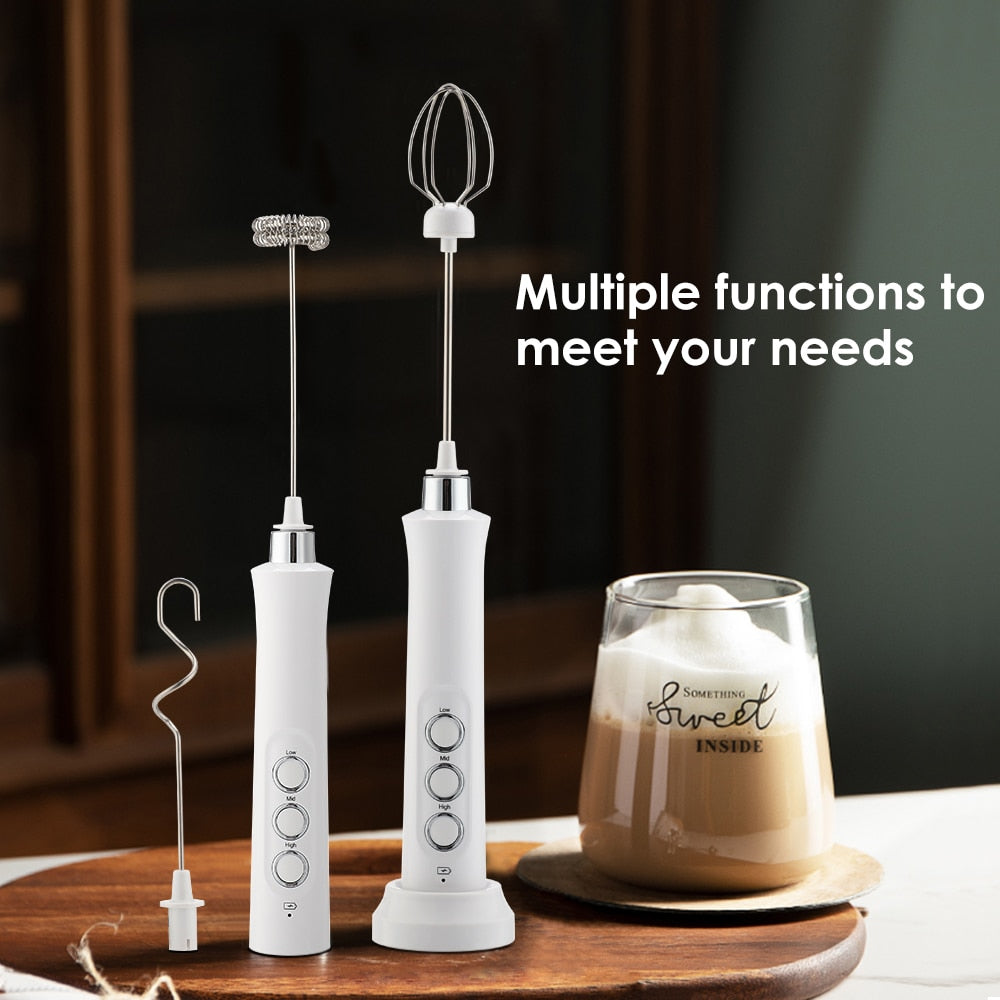 Milk Frother Electric Milk Foamer Coffee Mixer Blender USB Rechargable Maker Mini Blender 3 Heads Kitchen Foam Machine Blower