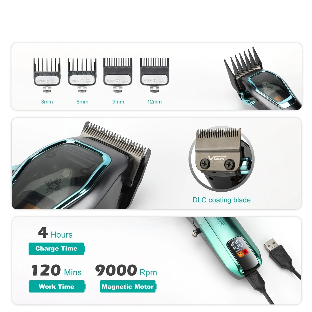 Hair Trimmer Professional Hair Clipper Rechargeable Haircut Machine 9000 RPM Hair Clipper Cordless Trimmer for Men
