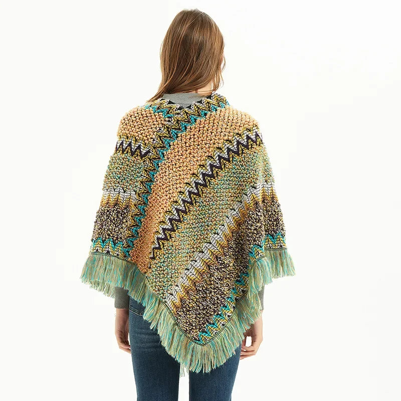 Patchwork Shawl Knitted Striped Print Cardigans Women Poncho Autumn Winter Clothing Sleeveless Sweater Cape Coats