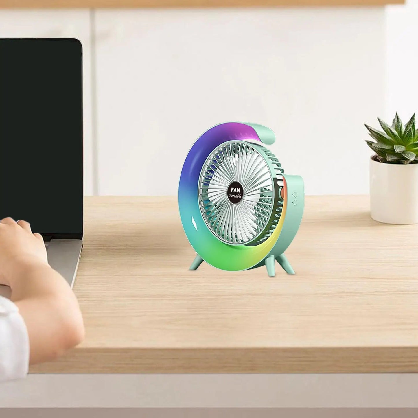 USB Desk Fan Quiet 3 Speeds Angle Adjustable with 5 Light Modes USB Desk Fan Personal Fan for Home Bedroom Travel Indoor Office