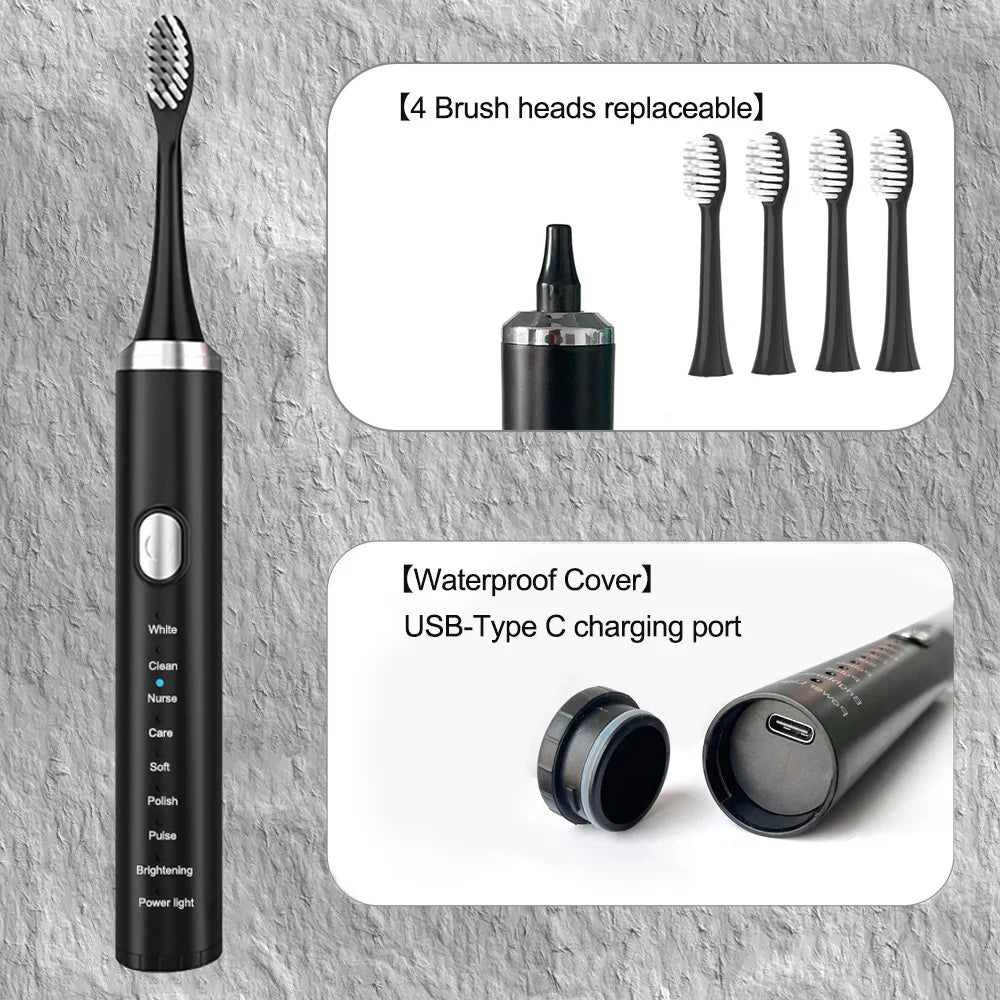 Electric Sonic Toothbrush USB Rechargeable Adult 360 Days Long Battery Life with 4 Replacement Heads Gift