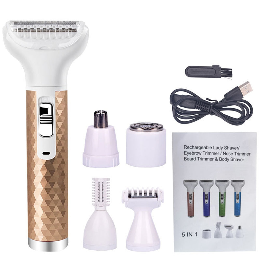 5 IN 1 Electric Hair Removal Epilator Wet&Dry Lady Shaver Nose Hair Trimmer Eyebrow Shaper Leg Armpit Bikini Trimmer Women Razor