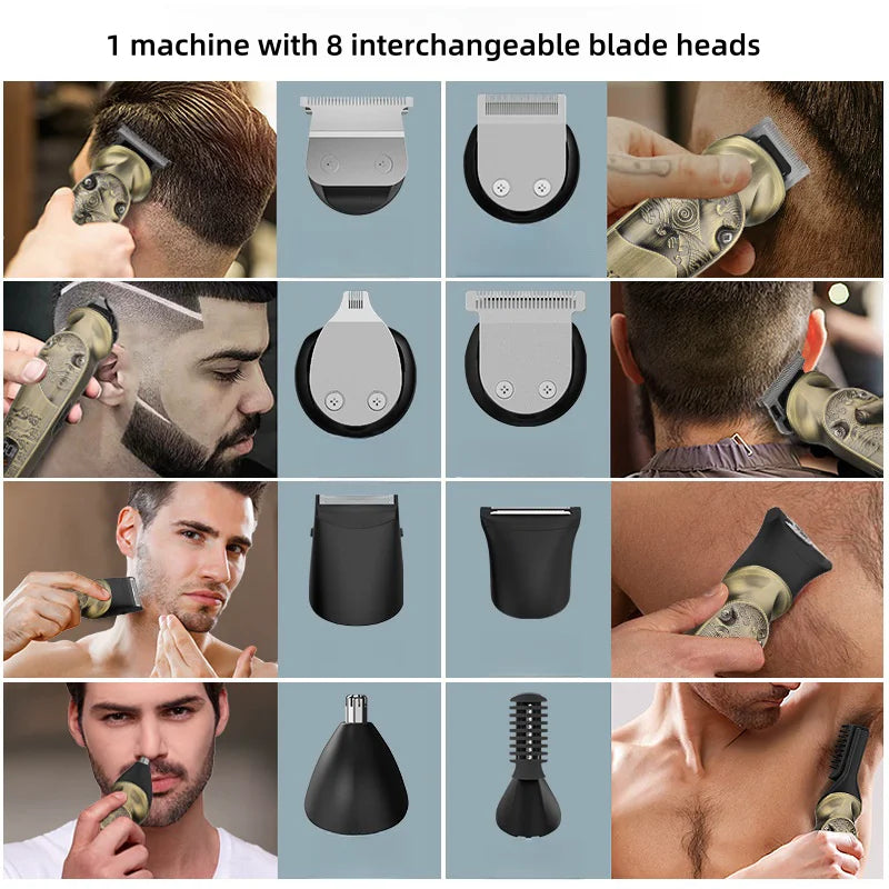 Professional IPX6 Waterproof Hair Trimmer Set 1200mAh Battery Men Rechargeable Cordless 8 in 1 Beard Hair Clipper