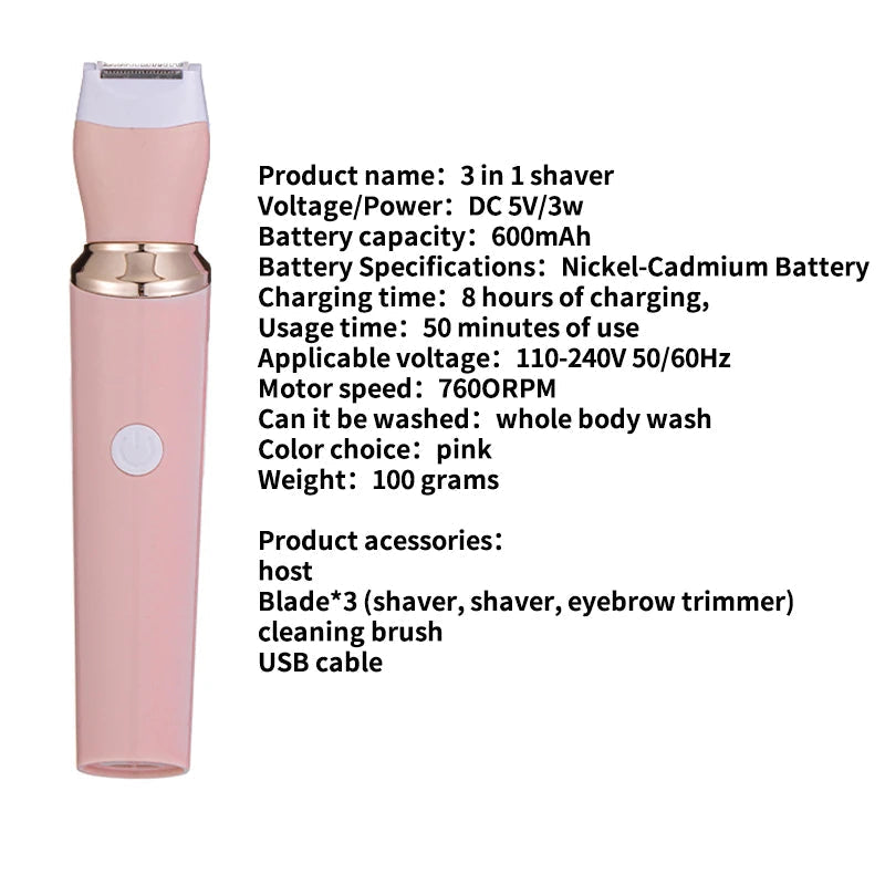 3 in 1 Electric Hair Remover Rechargeable Lady Shaver Trimmer Eyebrow Shaper Leg Armpit Bikini Trimmer Women Epilator