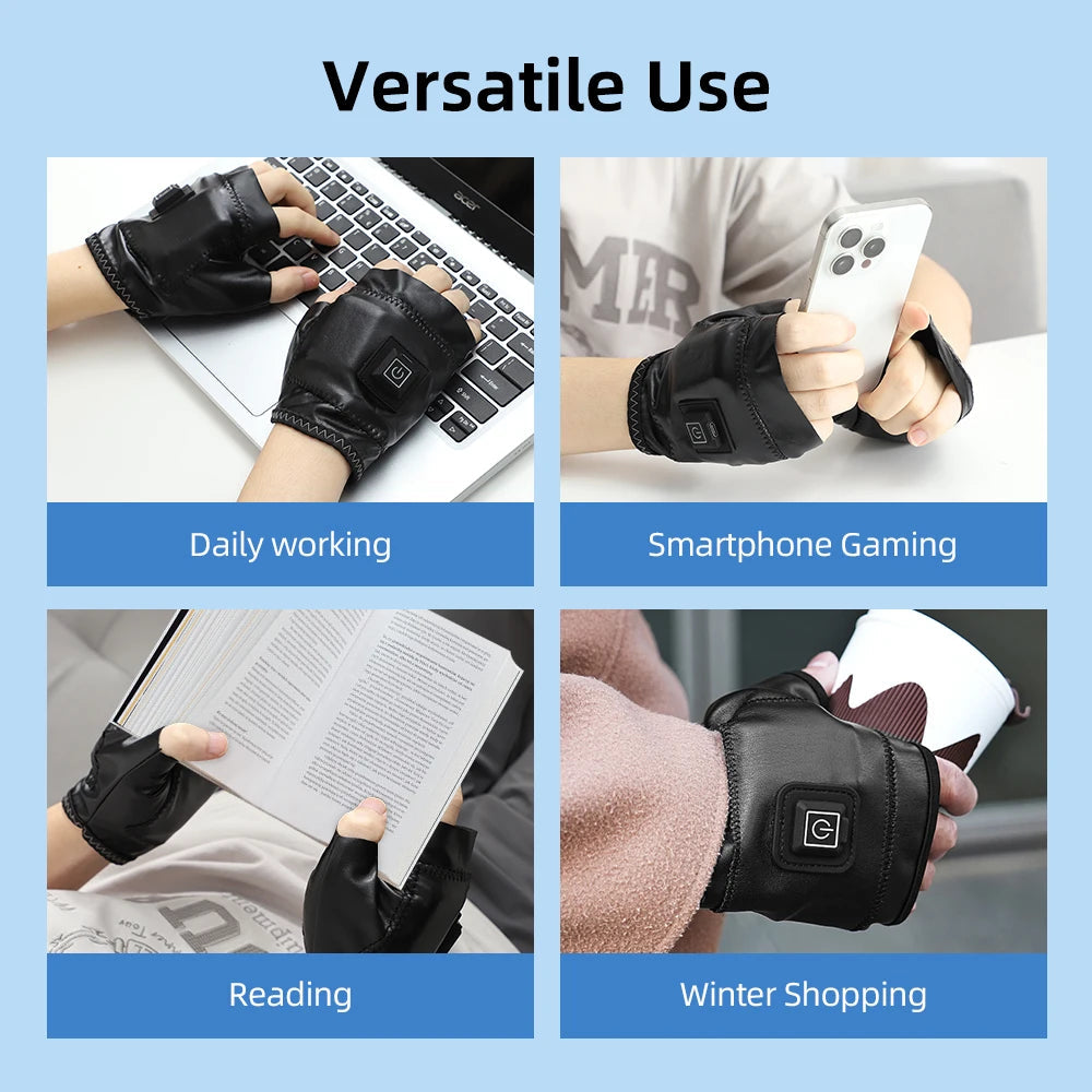 Smart Wireless Heating Leather Gloves Winter Thermal Fingerless Glove Hand Keep Warm