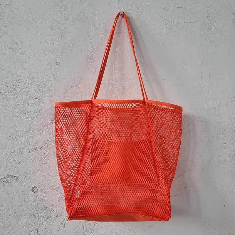 Spring Summer Solid Color Hollow Mesh Tote Bag Large Capacity Travel Shoulder Tote Bag Daily Beach Swimming Gym Shopping Bag