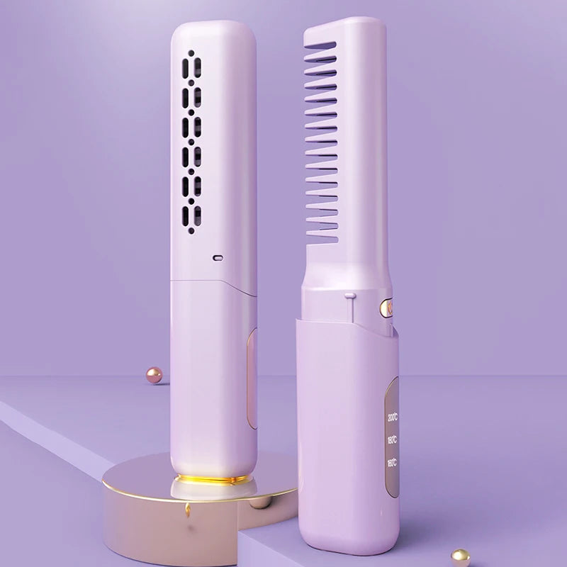 Hair Straightening Brush Rechargable Hot Heating Comb Hair Straight Styler Corrugation Wireless Curling Iron Hair Curler Comb
