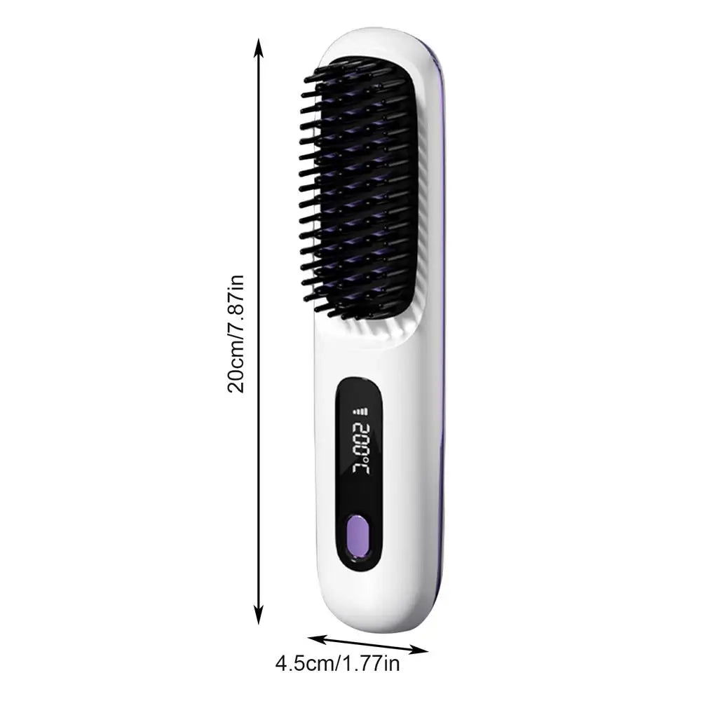 Cordless Hair Straightener Brush LCD Display Cordless Electric Hot Comb With 3 Heating Settings USB Charging 30s Heat-up