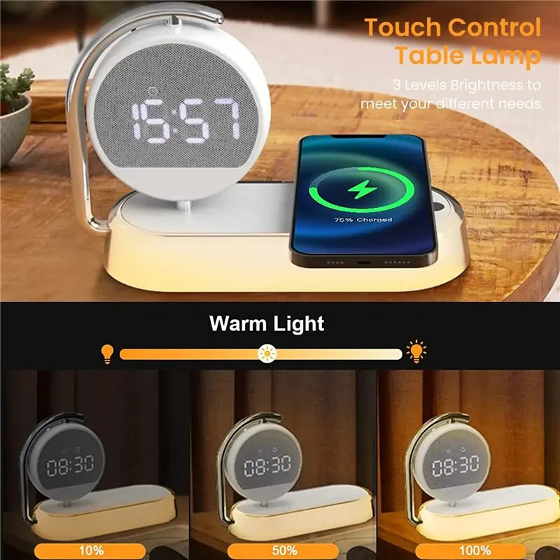 Multifunction Wireless Charger Pad Stand Clock LED Desk Table Lamp Night Light 15W Fast Charging Station Dock for iPhone Samsung