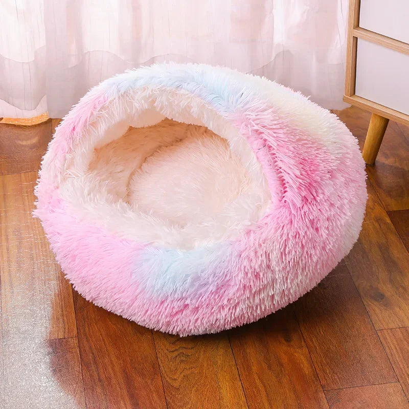 Plush Round Cat Bed Pet Mattress Warm Soft and Comfortable Basket Cat and Dog 2-in-1 Small Dog Sleeping Bag Nest