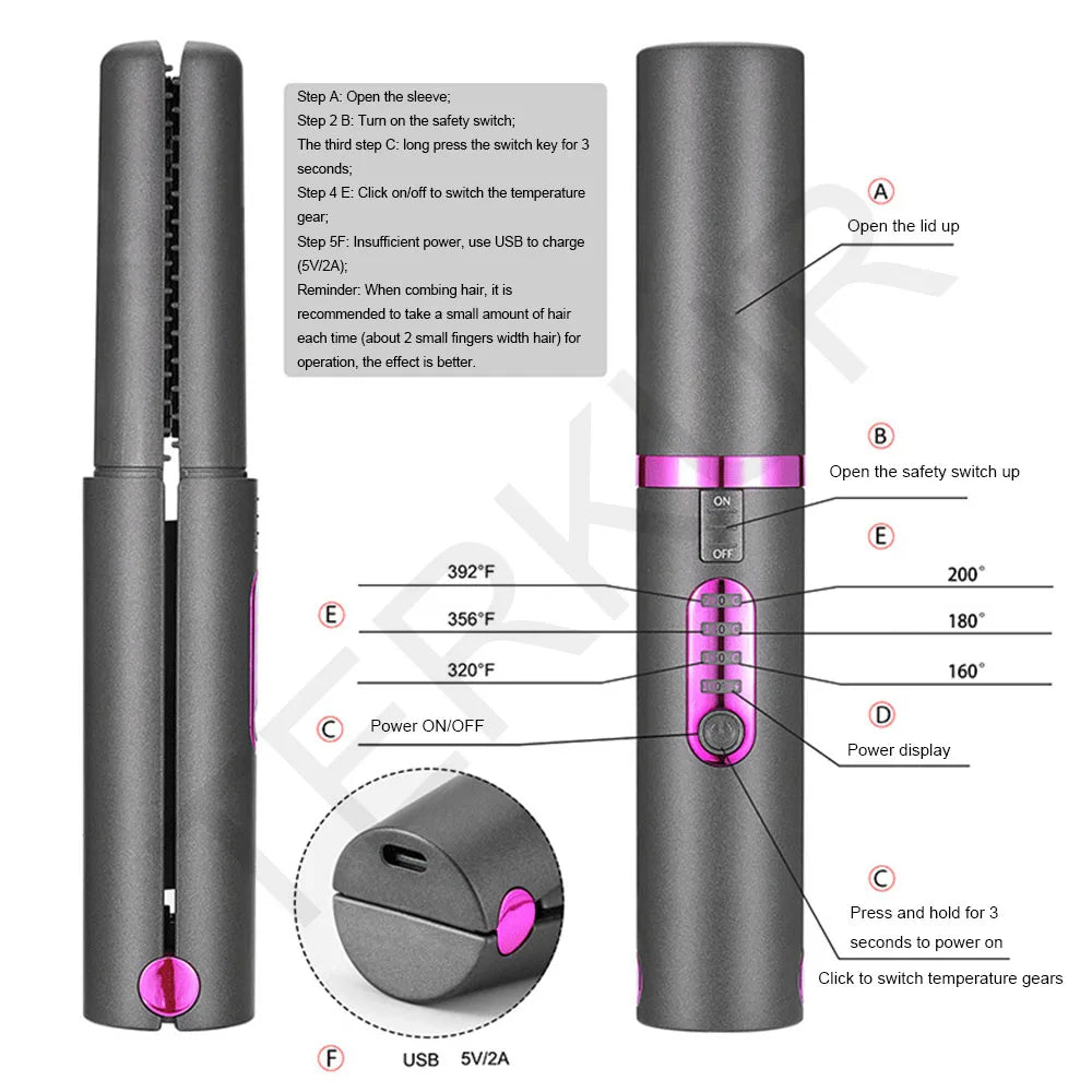 Flat Iron Mini 2 IN 1 Wireless Hair Straightener with USB Charging Roller 4800mah Portable Cordless Curler Dry and Wet Uses