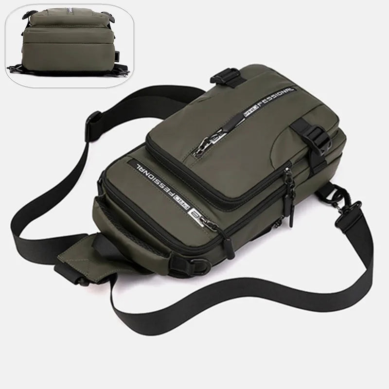 Waterproof Casual Chest Bag Men Multifunction Anti-theft USB Charging Men Crossbody Bag Nylon Canvas Travel Chest Bag Pack Male