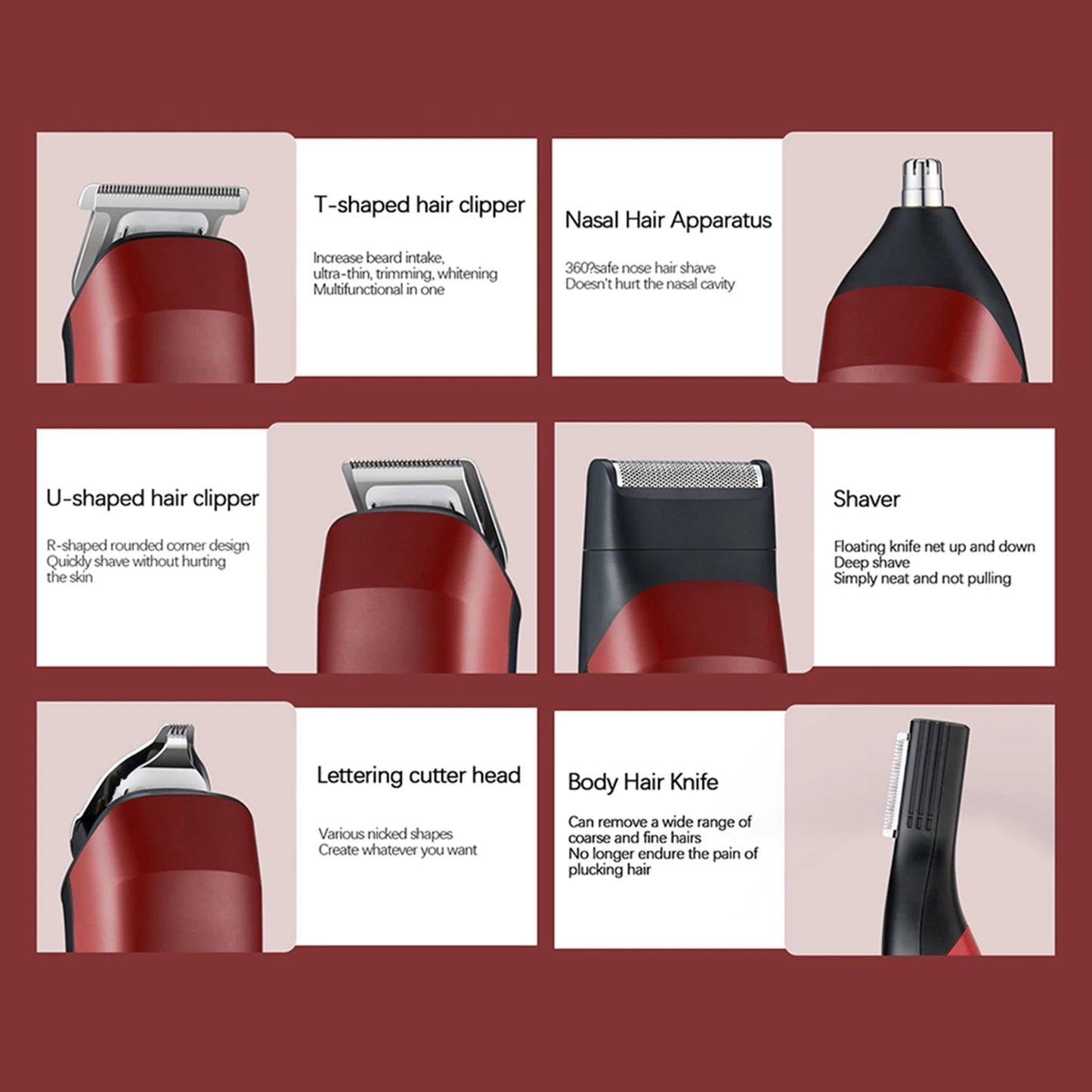 6 in 1 Hair Clipper Professional Hair Cutting Machine for Men Multi-function Waterproof Hair Trimmer LCD Display Clippers Kit