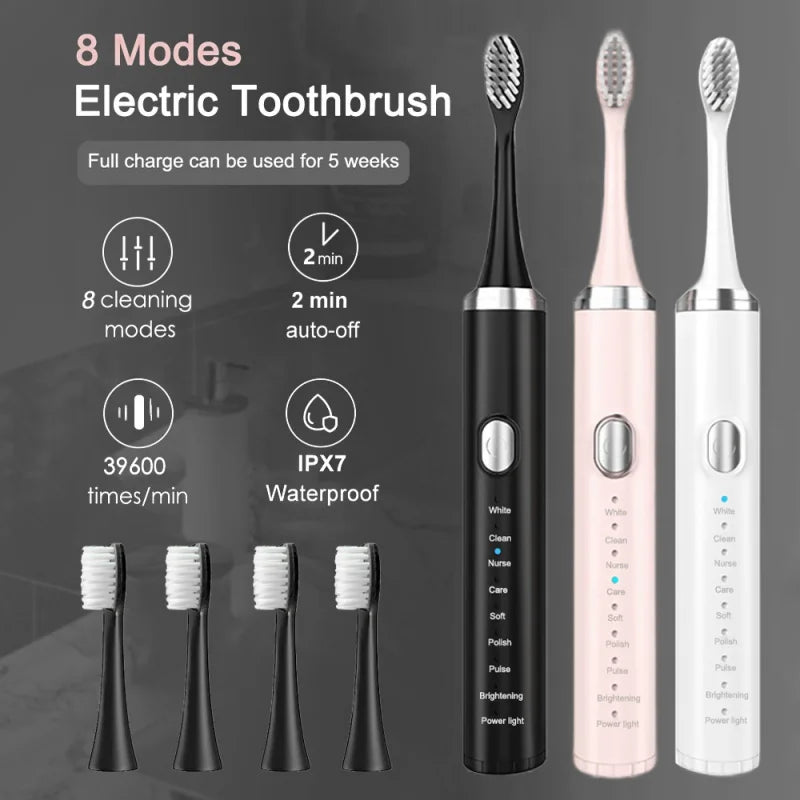 Smart Sonic Electric Toothbrush USB Rechargeable Soft Bristle Dental Care Kit IPX7 Waterproof 8 Speed Mode 500mAh 4 Brush Heads