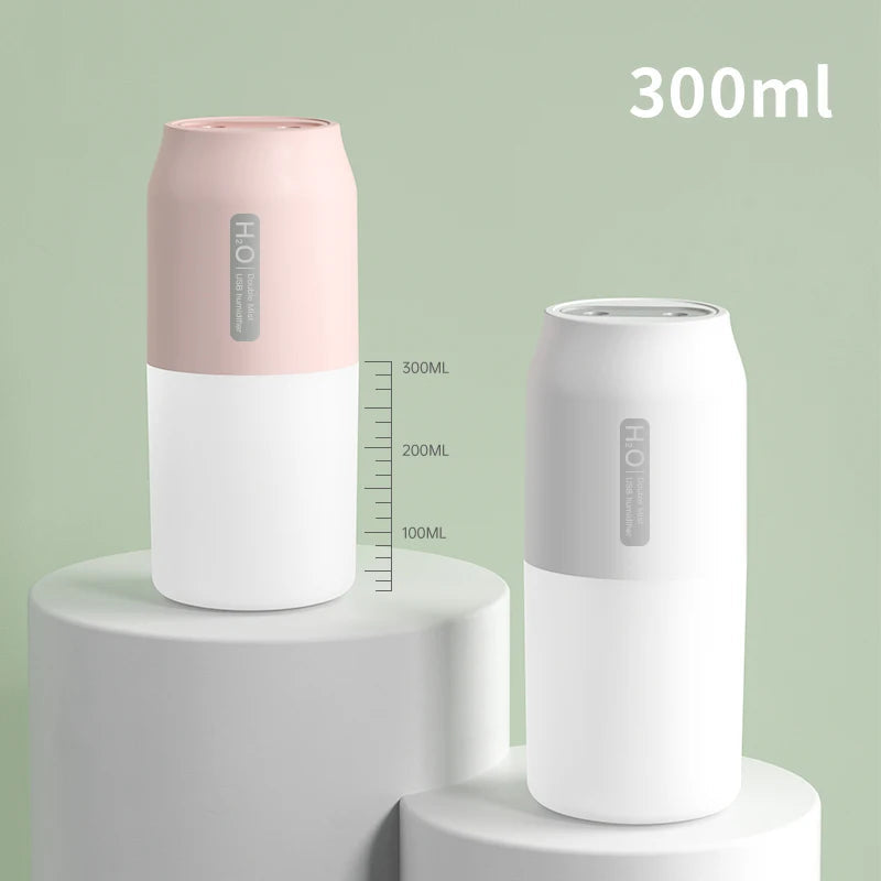 300ml Portable Dual Spray Ultrasonic Air Humidifier 1800mah Rechargeable Mini with LED Night Light USB Silent Car Home