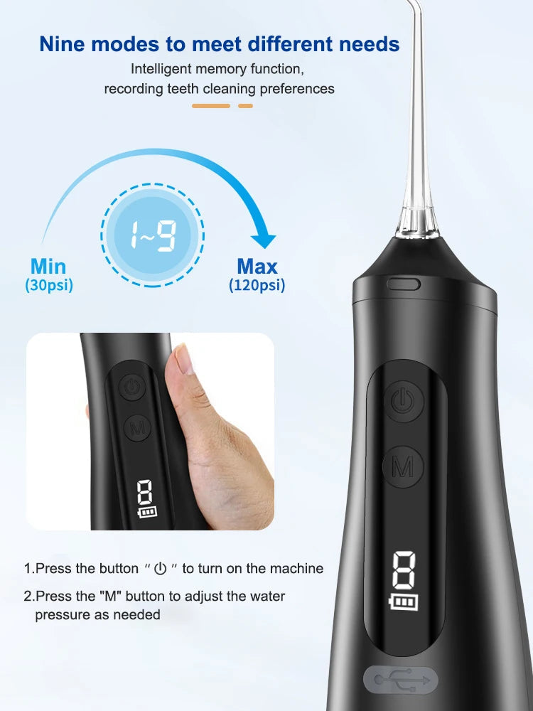 9Mode Portable Oral Irrigator Smart Display Dental Water Flosser Rechargeable Water Jet Floss Tooth Pick 350ML Teeth CleanerIPX7